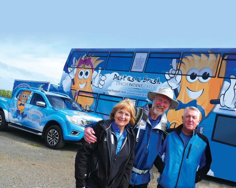 Cheryl (Brian's wife), Brian and Tommy Watson (Bluebell Bus driver) on the 7,000 mile walk